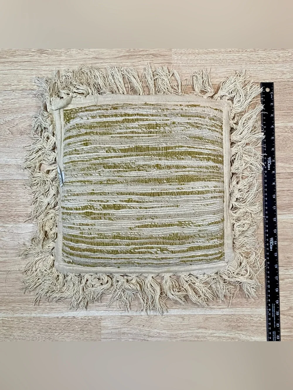 Vintage Irovy Textured Throw Pillow Horizontal Stripe Fringe Edge Approx 14x14in